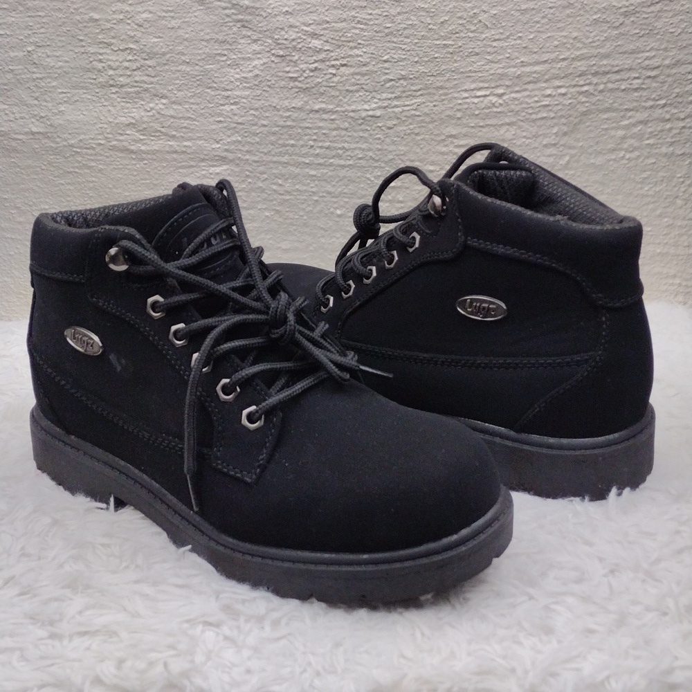 Lugz Mantle Mid Black Faux Suede Leather Round Toe Lace Up Low Heel Ankle Boot